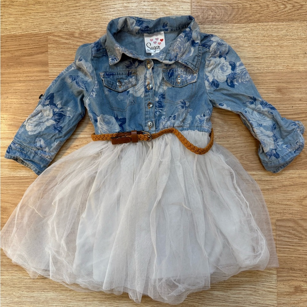 SUGAR GIRLS' FLORAL EMBROIDERED LONG SLEEVE BUTTON-DOWN DENIM TUTU DRESS‎ XS